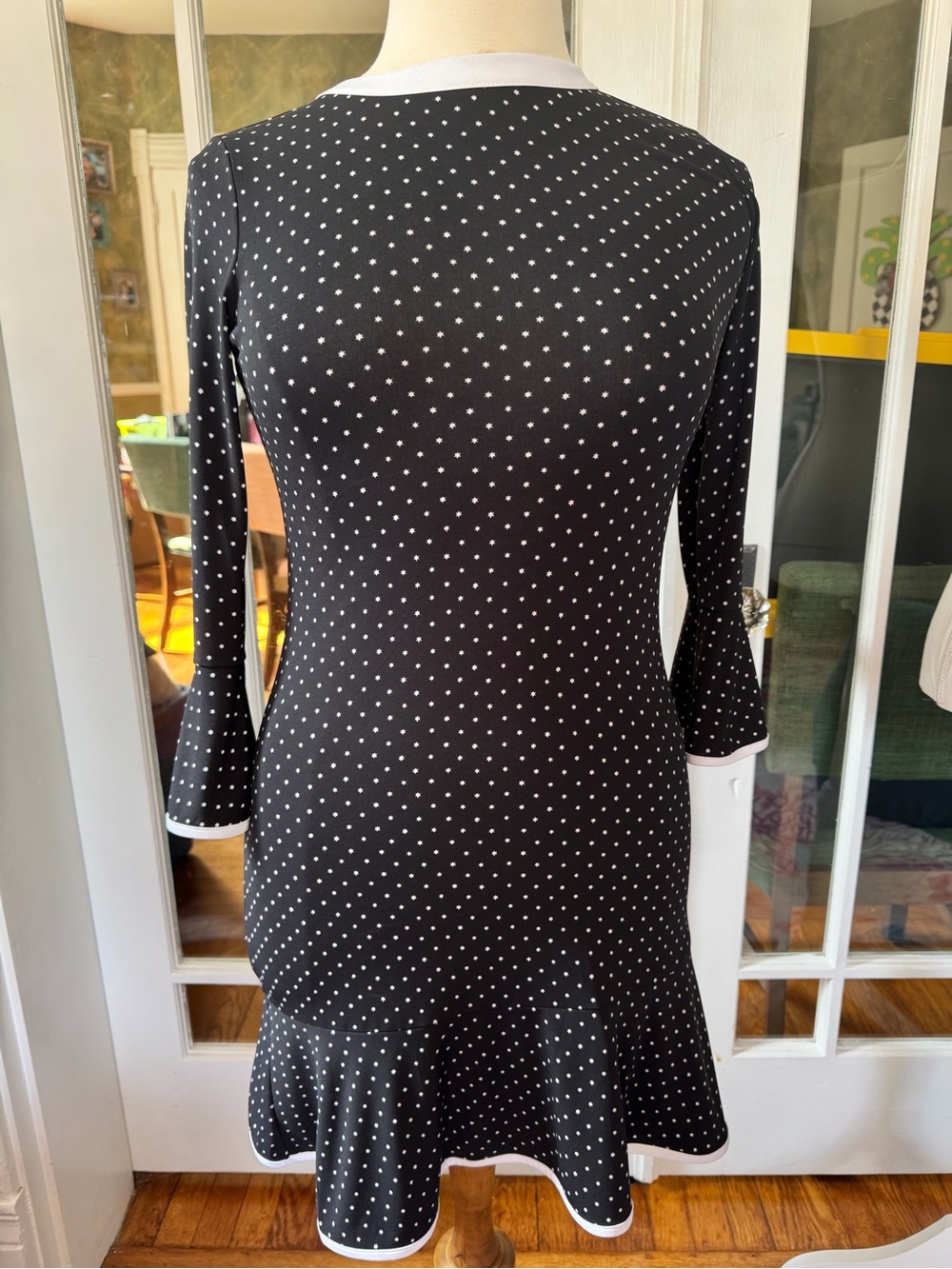 Michael Kors Black and White Polka Dot Long-Sleeve Fit & Flare Dress